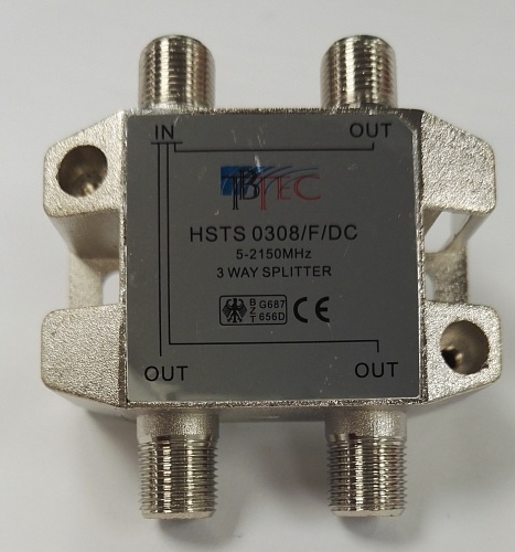 Делитель спутниковый HSTS0308/F/DC, сплиттер на 3 выхода, 5-2150 МГц