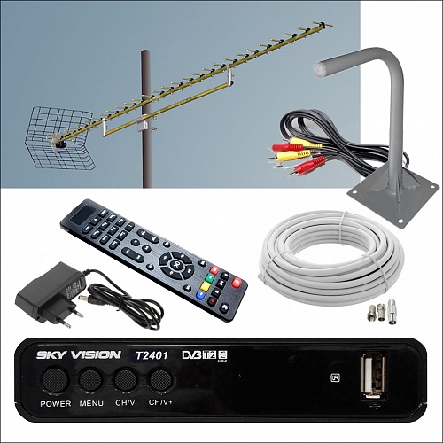 Готовое решение для приёма эфирного цифрового ТВ в отдалённых районах (до 75 км от телецентра) для телевизоров без DVB-Т2 приёмника с ресивером Sky Vision 2401 DVB-T2/С IPTV